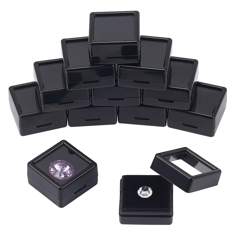NBEADS 12 stuks edelsteen display dozen, 2,9 x 2,9 x 1,6 cm zwarte sieraden display container diamant opbergdoos met doorzichtige plastic bovendeksels en spons voor naakte steen naakte diamant