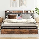 LIKIMIO King Size Bed Frame, Storage Headboard with Charging Station, Platform Bed with Drawers, No Box Spring Needed, Easy Assembly, Industrial Brown and Gray
