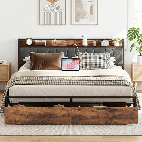 LIKIMIO King Size Bed Frame, Storage Headboard with Charging Station, Platform Bed with Drawers, No Box Spring Needed, Easy Assembly, Industrial Brown and Gray