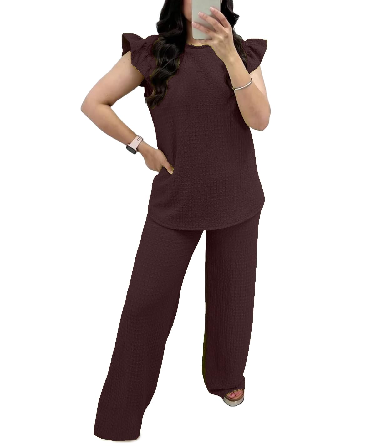 FAIRY BOUTIQUE Womens Pop Corn Tops and Trousers Set Ladies Co ord 2Pcs Loungewear Tracksuit Flared Trousers Bottom and Frill Sleeve Top Set (Chocolate UK 16-18)