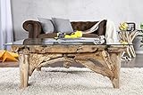DuNord Design Couchtisch Glas Holz Glastisch Treibholz Tisch Teak Lounge Teak Massivholz Tisch