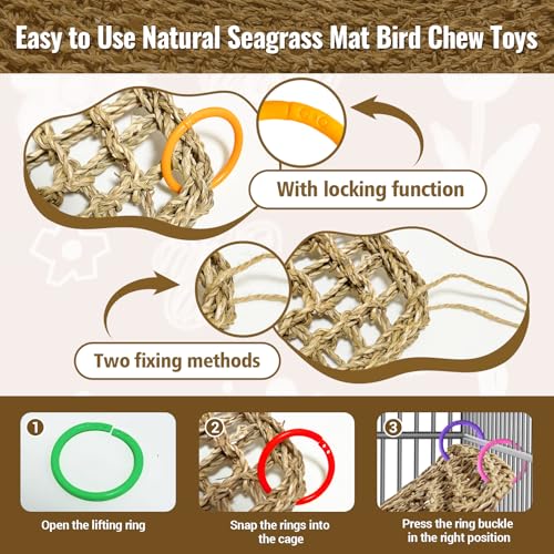 Image of 29.5 x 7 inches Large Bird Seagrass Mat Grass Woven Net Parrot Hammock Mat Parakeet Climbing Rope Ladder with Hooks Bird Cage Accessories for Conure Cockatiel Budgie Macaw