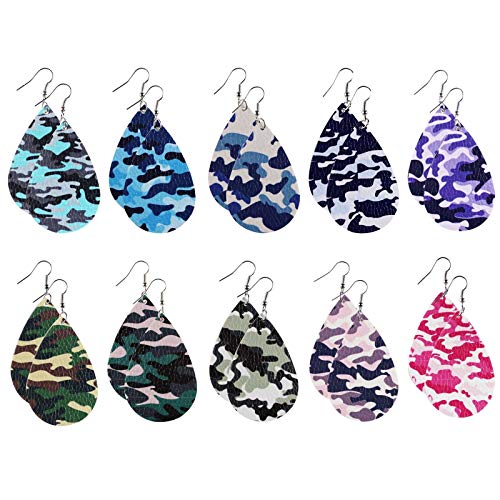 10 Pairs Camo Leather Drop Earrings Set Dainty Colorful Double Print Earrings Camouflage Teardrop Earrings for Women Jewelry