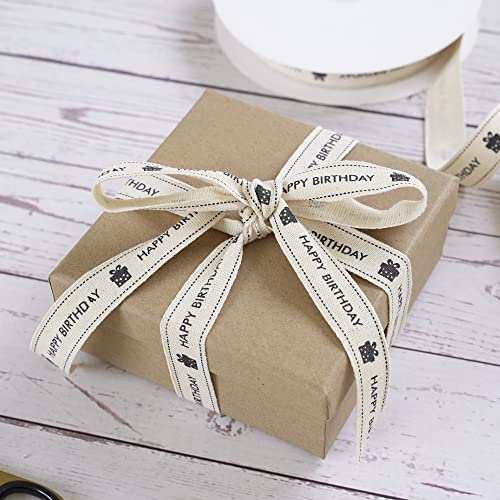 Huihuang 3/4 Inch Happy Birthday Cotton Ribbon Natural Fabric Cotton Ribbon For Gift Wrapping Crafts Home Decor Floral Bouquet Party Decoration Baking Gift Basket - 25 Yards (75 Feet ) #TOP4