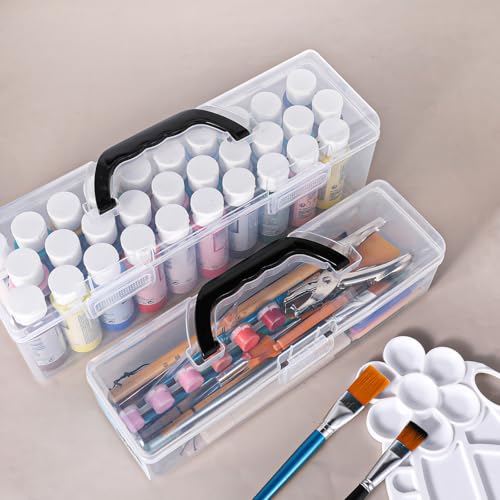 Image of 2 Pcs Acrylic Paint Organizer Boxes with Handle, Paint Storage Box, Portable Clear Empty Craft Storage, 30 Bottles Capacity Acrylic Paints Organizer for 2 fl. oz Bottles