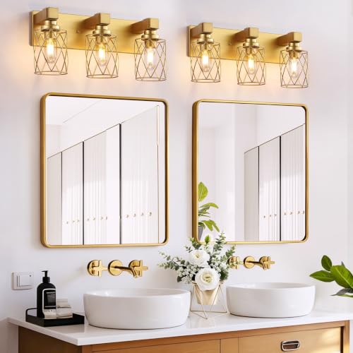 Image of Bathroom Light Fixtures, 3 Light Brushed Gold Wood Vanity Lights