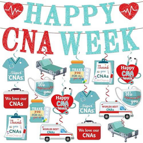 CNA Week Decorations NO-DIY Glitter Happy CNA Week Banner We Love Our CNAS Gifts Bulk Hanging Swirls We Appreciate You CNA Week Decorations for Hospital Office Party