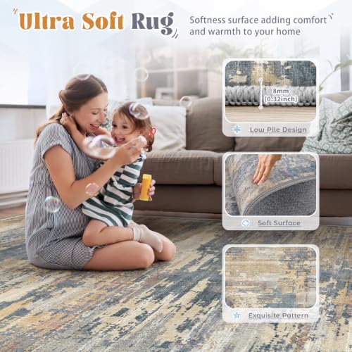 XLUEZ 5x7 Area Rugs for Living Room, Washable Modern Abstract Large Area Rug Neutral Soft Non Slip Kids Rug Stain Resistant Indoor Carpet for Bedroom Nursery Dining Room Playroom(BlueBeige, 5'x7') - image 7