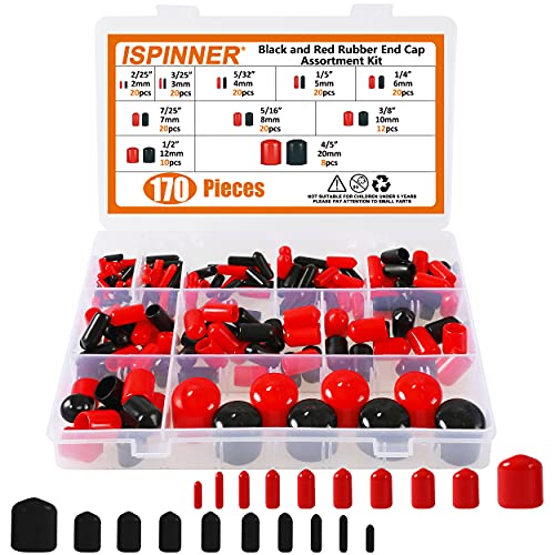 Image of ISPINNER 170pcs Rubber End Caps Assortment Kit, Flexible Bolt Screw Thread Protector Safety Cover in 10 Sizes from 2 /25 inch to 4 /5 inch, Black and Red