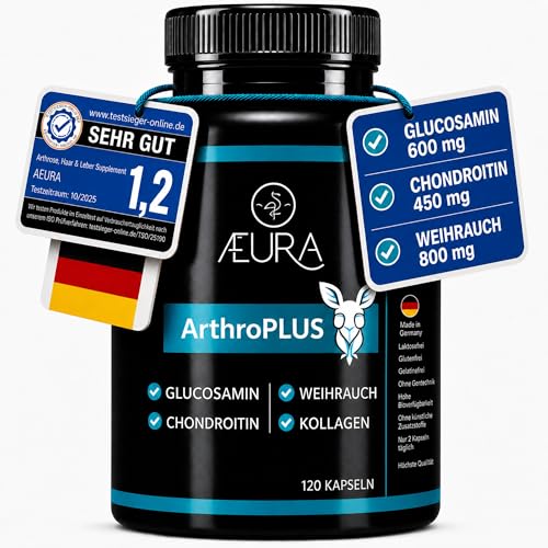 AEURA ArthroPLUS Glucosamin 600mg & Chondroitin 450mg hochdosiert für Gelenke Weihrauch 800mg Kollagen Hyaluronsäure Arthrose Made in Germany Arthrose 120 Kapseln