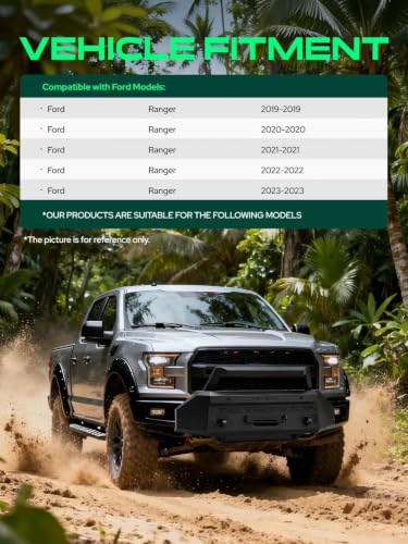 Image of YHTAUTO Bull Bar Push Bar with Skid Plate Light Mount Fit Ford Ranger 2019 2020 2021 2022 2023, Heavy Duty Steel Brush Guard for Truck Front Bumper Style B Textured Black Off Road Accessories