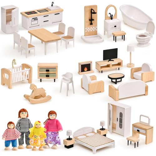 Atoylink Kit de Meubles de Maison de Poupée en Bois de Hêtre et Plastique avec 4 Poupées, Accessoires pour...