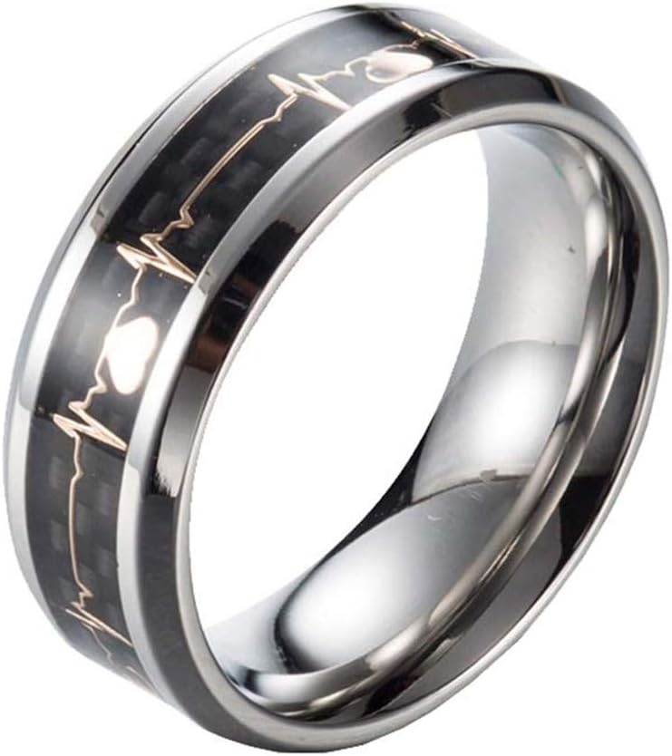 HIJONES Unisex 7MM Love ECG Heartbeat Spinner Ring Stainless Steel Wedding Promise Band Black Blue