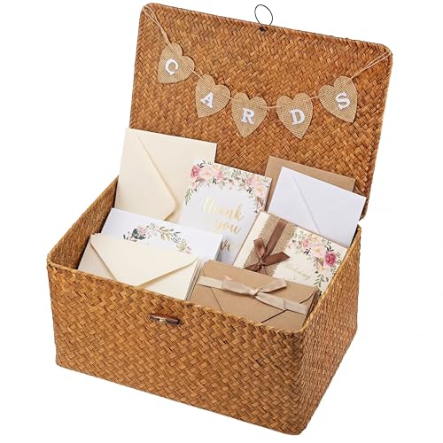 Image of Geelin Sea Grass Wedding Card Basket With Letter Flag Decorative Wedding Card Woven Post Box Suitable For Baby Showers Birthdays Graduation Ceremonies Bridal Showers(14 Inch,Natural Color)