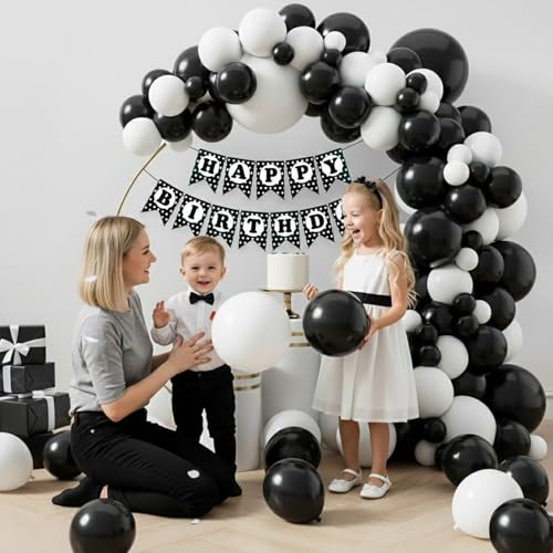 Image of Rozi Decoration Black and White Balloon Decoration Kit with Happy Birthday Paper Banner, 32 Pieces Party Decor Set for Birthday Celebration, Home and Event Decoration