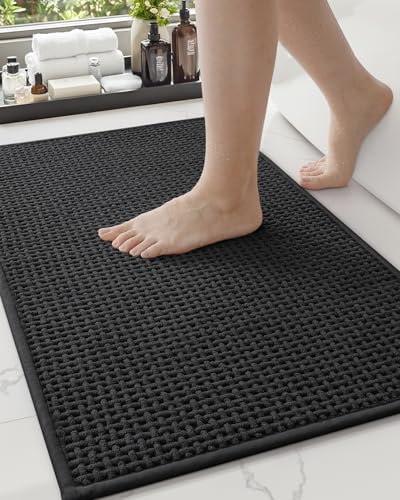 Color&Geometry Black Chenille Bathroom Rugs 44x75 cm- Non Slip Absorbent Quick Dry Washable Shower Mat Outside Shower Thin Bath Mats for Washroom Floor Woven Bathmat Fit Under Door