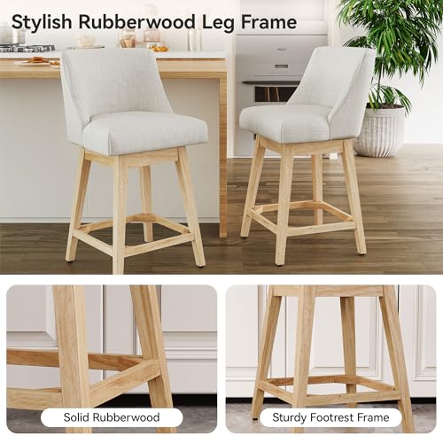 Image of Swivel Counter Height Bar Stools Set of 4, Modern Fabric Swivel Barstools with Contoured Back and Solid Wood Legs, Upholstered Counter Stool Bar Chairs for Kitchen Island, Home Bar, Cream