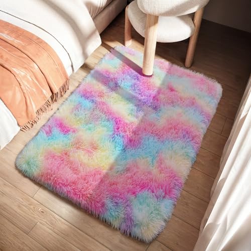 Rainbow Rug for Girls Bedroom, 2x3 Fluffy Area for Kids Playroom, Furry Carpet for Nursery, Shaggy for Teen Living Room, Thick Fuzzy Plush for Dorm, Cute Room Decor for Baby