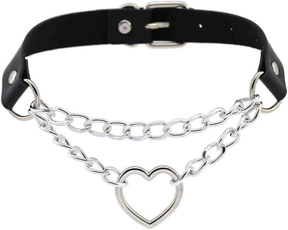 ZZHH Necklace Hip Hop Cute Cosplay Maid Collar Punk Gothic Leather Collar Metal Chain Harajuku Adjustable Heart Necklace Fashion Jewelry Black