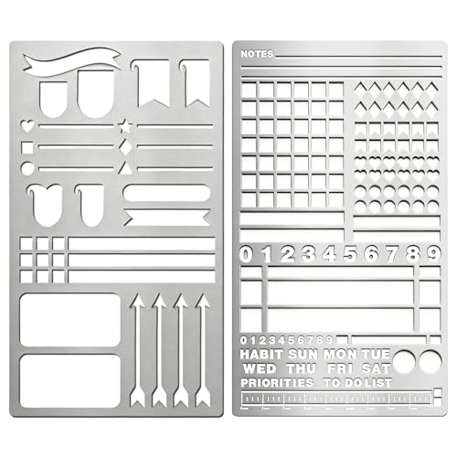houlishu 2 Pack Metal Journal Stencils - Stainless Steel Reusable Planner Stencils for Planner & Bullet Journal Lists Creative Journaling DIY Scrapbooking Habit Tracker