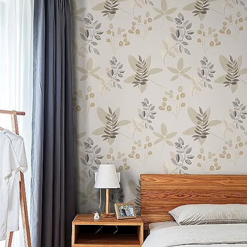 JOLIHOME Beige Papel Pintado Autoadhesivo Marrón y Gris Vintage Efecto Hojas y Frutas Papel de Contacto Plástico Autoadhesivo Film de Vinilo Rollos Impermeables para Dormitorio Baño 44.5x500cm