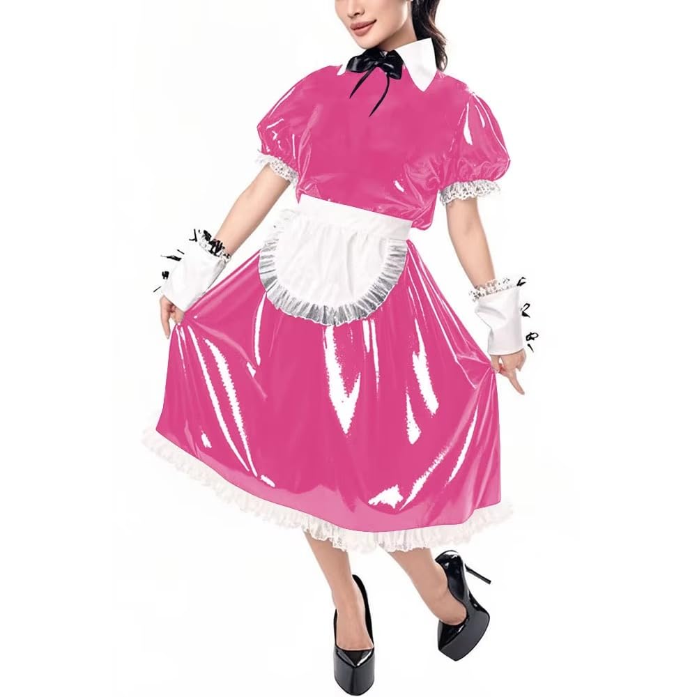 ERFSQIYALHJ Sissy Puff Short Sleeve Vinyl PVC Maid Dress with Apron Halloween Party Cosplay Uniform (7XL,Fluorescent Pink)