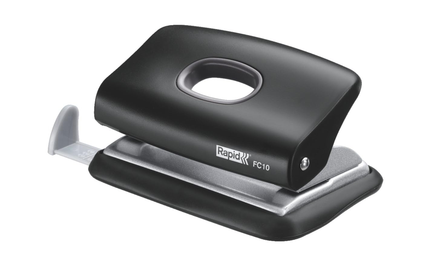 Rapid Fashion FC10 Mini 2 Hole Punch, Punches up to 10 Sheets, Adjustable Guide Bar, Ergonomic Design, Black, 23638501
