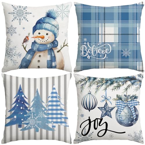 Miaikoe Weihnachtskissenbezüge 40x40 cm Set von 4, Dekorative Bauernhaus Schneemann Freude Glauben Weihnachtsbaum Blaue Kissenbezüge für Winter Holiday Home Decor Dekoration Miaikoe Weihnachtskissenbezüge 40x40 cm Set von 4, Dekorative Bauernhaus Schneemann Freude Glauben Weihnachtsbaum Blaue Kissenbezüge für Winter Holiday Home Decor Dekoration