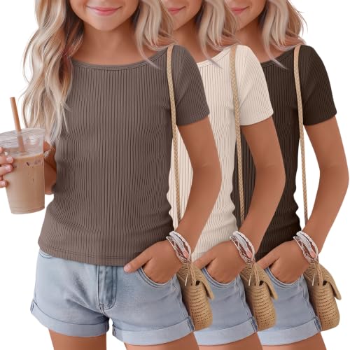 LessonZoo 3 Pack Girls Shirts Cotton Basic Tees Ribbed Knit Slim Fit T Shirts Boat Neck Tops Casual for Kids Ages 5-14(7-8 Years,Cream, Khaki, Light Brown)