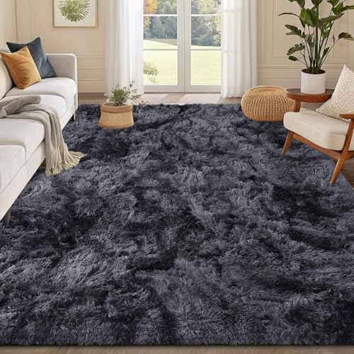 smiry Rugs Living Room 80x150cm, Area Rugs for Bedroom, Machine Washable Anti Slip Soft Fluffy Shaggy Tie-dye Floor Carpet for Kids Girls and Boys, Nursery Room, Dark Grey