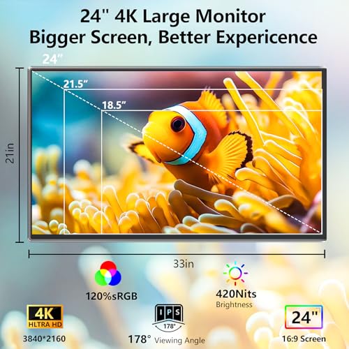 Image of 4K Large Portable Monitor 24 inch Travel Monitor UHD 3840*2160 120% sRGB External Second Screen for MacBook Laptop Desktop Mini PC W /Stand VESA HDMI USB-C Gaming Display for PS5 /Xbox Devices(O2401) (4K)
