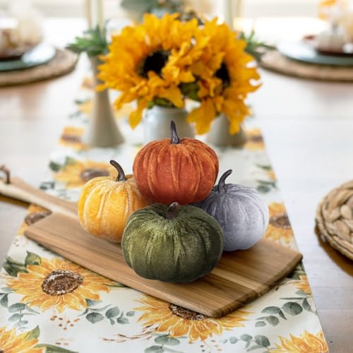 Image of Super Holiday 12PCS Artificial Velvet Pumpkins Decorations, 4 Colors Foam Faux Flocked Pumpkins for Fall Harvest Theme Party Wedding Halloween Thanksgiving Table Decor