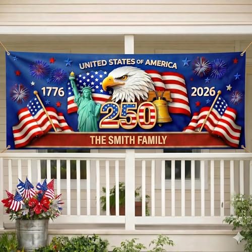 DILYPOD Personalized USA 250th Anniversary Banner Bunting Flag with Family Name, Custom America 250th Birthday Bunting Flag, America 1776 2026 Patriotic Eagle Design Banner, 4th of July Decor 10