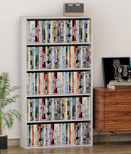 DVD Storage Rack Media Tower, 5 Tier Organizer Shelf for CDs, Video Games & Movies, Freestanding Cabinet for Living Room Home Office, Holds Up to 200+ DVDs (White)