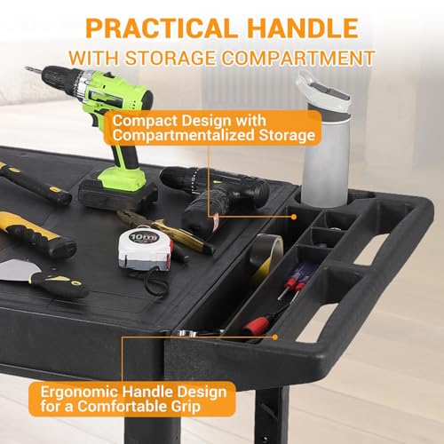 Large Heavy Duty Plastic Utility Service Cart Flat top 45.8 x 25 Inch, Work Cart Flat Shelves Holds up to 550 lbs - 2 Tier Service Cart with 360°Swivel Wheels (2 with Brakes) Black - Image 7