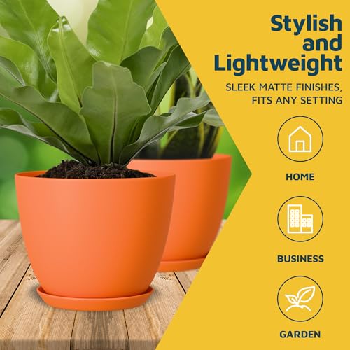 Yellow Plant Pots with Drainage Holes & Saucers 5 Pack, Indoor & Outdoor Stackable Space-Saving Planters for Houseplants & Flowers, (7", 6.7", 6", 5.3", and 4.8" Inches), Durable & Weatherproof - Thumbnail 3