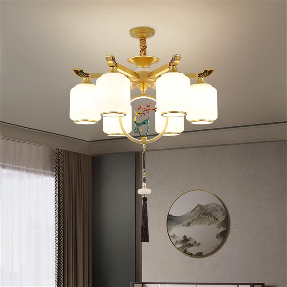 LYMSXAZOU Contemporary Luxury Brass Chandelier LED Chinese Style Living Room Bedroom Dining Villa Hotel Tearoom Cafe Pendent Lights (K 6 Lights)
