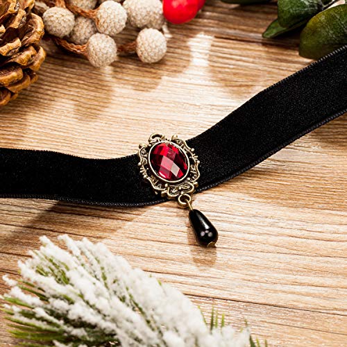 AnotherKiss Gothic Ruby Retro Black Velvet Choker Necklace for Women, Halloween Vampire Cosplay Jewelry2