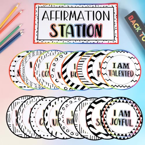 Image of Affirmation Station Bulletin Board Set Composition Positive Bulletin Board for Classroom Growth Mindset Decor Polka Dots and Stripes Inspirational Motivational Accent Cutout for Home School Teacher