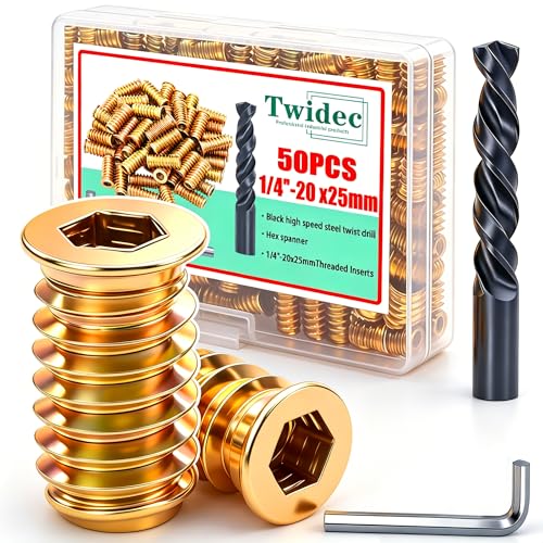 Twidec/50PCS 1/4"-20 Threaded Inserts for Wood Furniture Screw-in Nut Wood Inserts Bolt Assortment Kit with M6 Hex Wrench (1/4"-20 x25mm) N-059-1/4x25