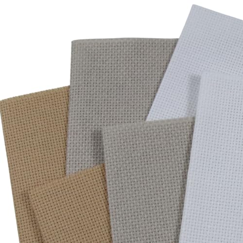 Image of KCS 4 /6 pc of 12 inch x 18 inch(30cmx45cm) 16 Count Cotton Aida Cloth Cross Stitch Fabric (6 pc,Khaki+Pearl Grey+White)