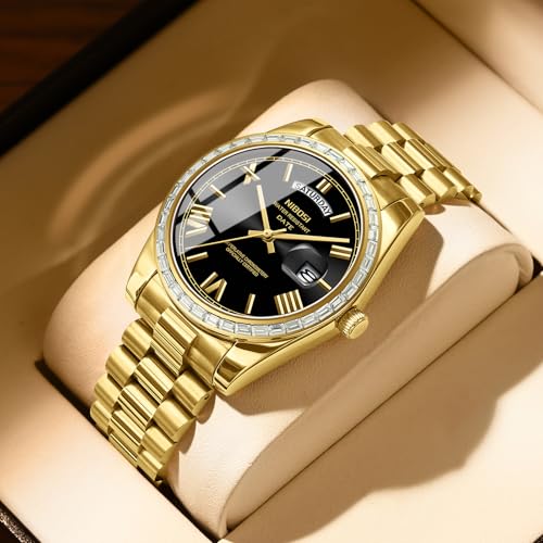 Image of NIBOSI Watches for Men Analog Quartz Diamond Bezel Stainless Steel Dial Rose Gold Silver Mens Watch Waterproof Business Classic Dress Wrist Watch with Day Date