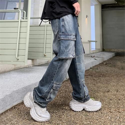 Men's Motorcycle Straight Jeans Big Pocket Loose Wide Leg High Street Jeans4