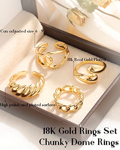 Faxhion 10Pcs 18K Gold Chunky Rings For Women Girls, Gold Plated Twisted Rings Set Pack Stackable Knuckle Midi Rings Adjustable Open Ring Band Statement Jewelry #TOP6