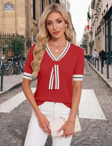 Image of Libsorge Womens Lightweight Cute Bow Tie Sweater Spring 2026 Business Casual Outfits V Neck Short Sleeve Tops