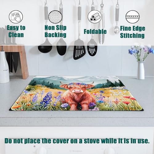 Image of Highland Cow Stove Top Cover for Electric Stove, Highland Cows Range Covers, Flower Range Top Mats, Glass Cooktop Covers 28x20 inch, Cute Animal Spring Cooktop Cover for Kitchen Holiday Home Decor