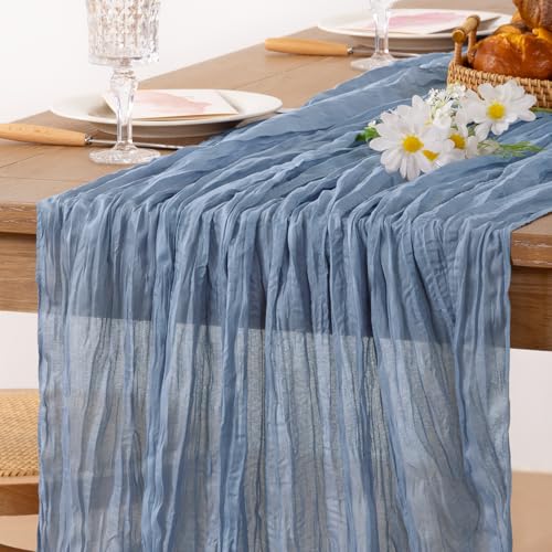 Image of MLMC 6 Pack Dusty Blue Table Runner 10ft Boho Gauze Cheesecloth Table Runner Bulk 65x120 Inches Rustic Cheese Cloth Decor for Wedding Bridal Shower Baby Shower Party Decor