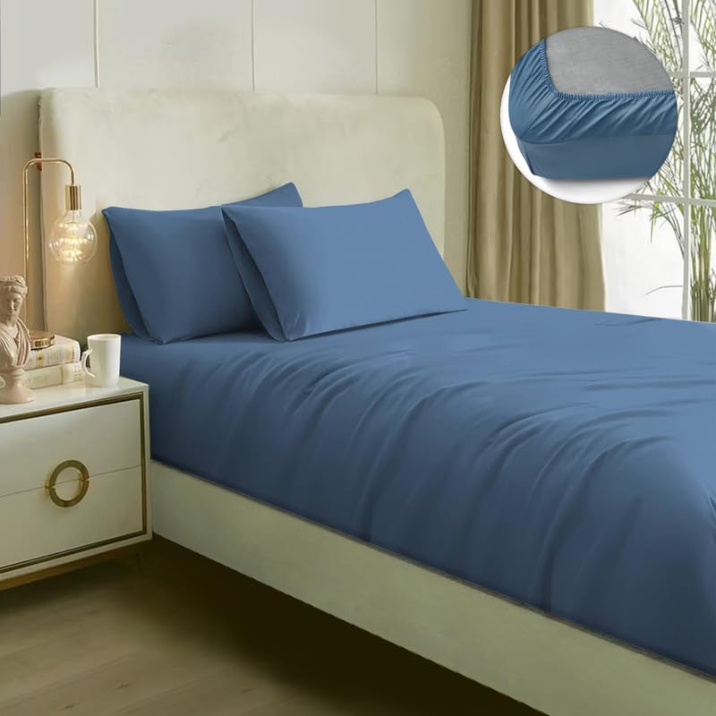 Image of Naksh Coastal Retreat Collection 100% Cotton 210 TC Plain Elastic Fitted Bedsheets Super King Size 78 x 72 in, Indio | 1 Elastic Bedsheet King Size Cotton & 2 Pillow Covers |Super King Size Bedsheet