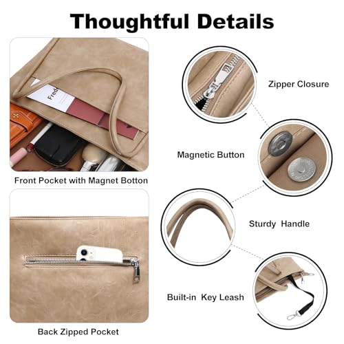 Image of Large Tote Bag for Women Work with Zipper 16L Vegan Leather Ladies Travel Purses and Handbags