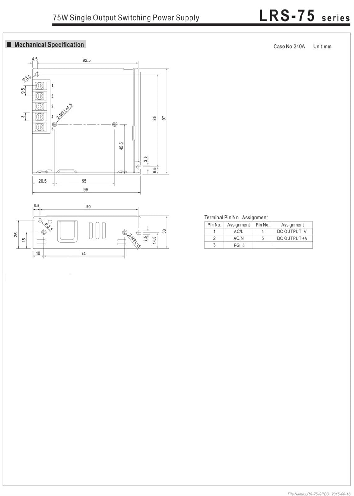 Fuente de alimentación de Modo de conmutación de Salida única LRS-75-5v/12v/15v/24v/36v con 14A/6A/5A/3.2A/2.1A(15V)